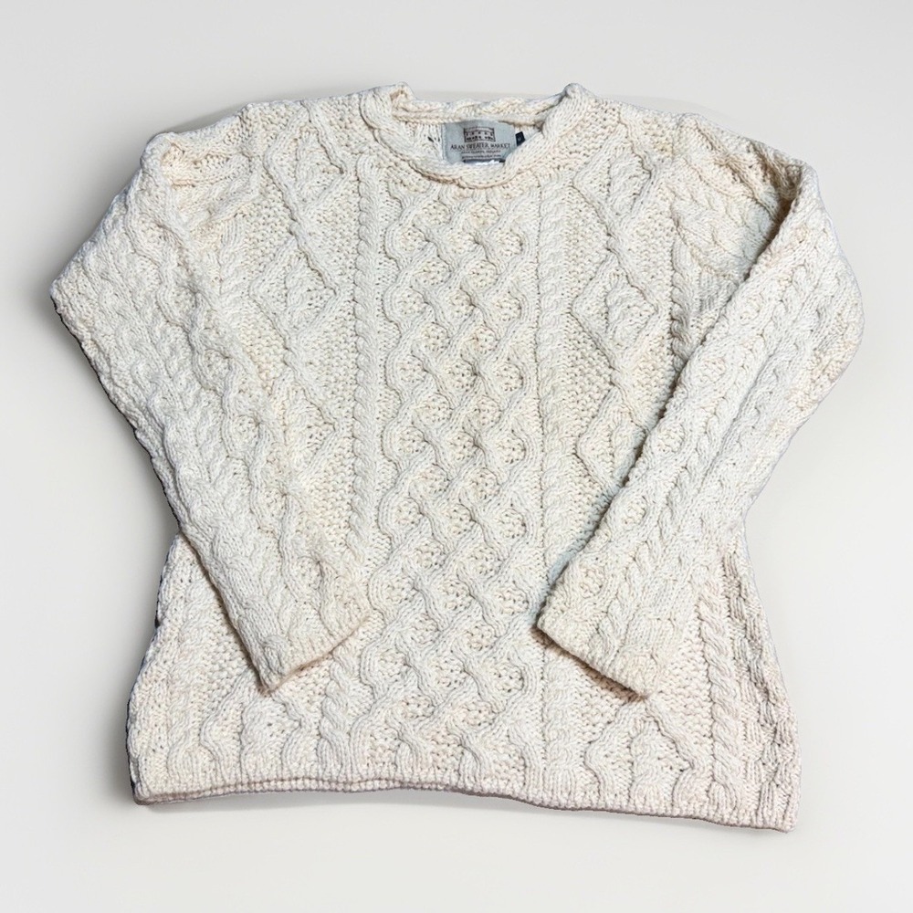 Aran Sweater Market Cable Knit fisherman's Size M Irish Virgin Wool Cream White
